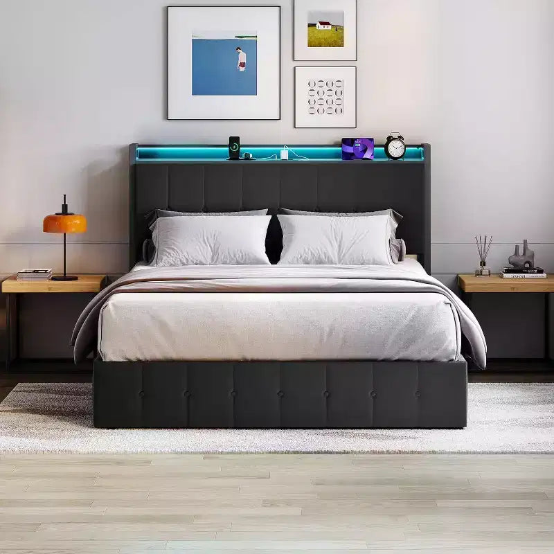 Telaio Letto Contenitore Idraulico con Testiera Imbottita in Velluto, Illuminazione a LED e Stazione di Ricarica