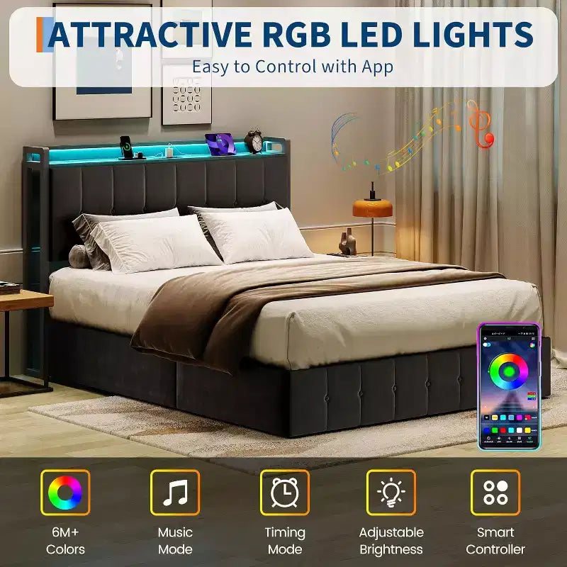 Telaio Letto Contenitore Idraulico con Testiera Imbottita in Velluto, Illuminazione a LED e Stazione di Ricarica