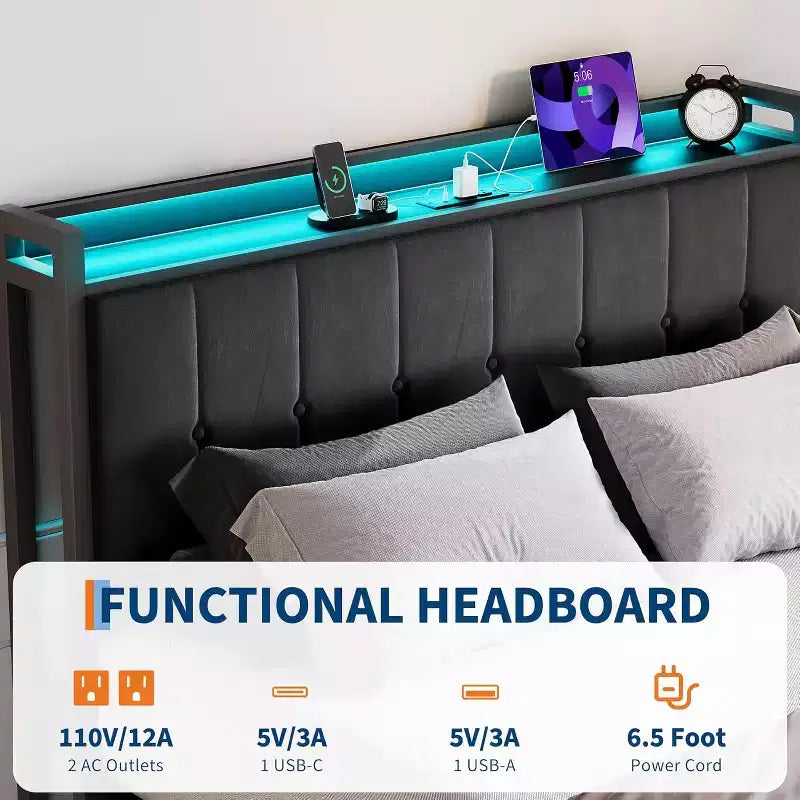 Telaio Letto Contenitore Idraulico con Testiera Imbottita in Velluto, Illuminazione a LED e Stazione di Ricarica