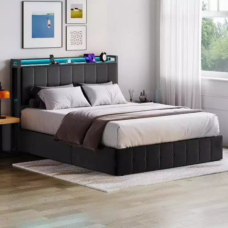 Telaio Letto Contenitore Idraulico con Testiera Imbottita in Velluto, Illuminazione a LED e Stazione di Ricarica