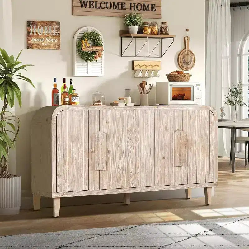59 Tavola da Buffet Curva Vintage con Maniglie Grandi in Legno, Intaglio Verticale a Grana di Legno e Ripiani Regolabili