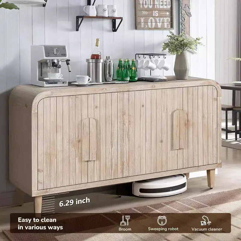 59 Tavola da Buffet Curva Vintage con Maniglie Grandi in Legno, Intaglio Verticale a Grana di Legno e Ripiani Regolabili