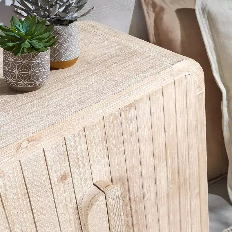 59 Tavola da Buffet Curva Vintage con Maniglie Grandi in Legno, Intaglio Verticale a Grana di Legno e Ripiani Regolabili