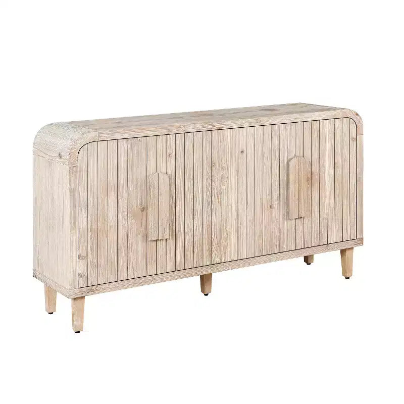 59 Tavola da Buffet Curva Vintage con Maniglie Grandi in Legno, Intaglio Verticale a Grana di Legno e Ripiani Regolabili