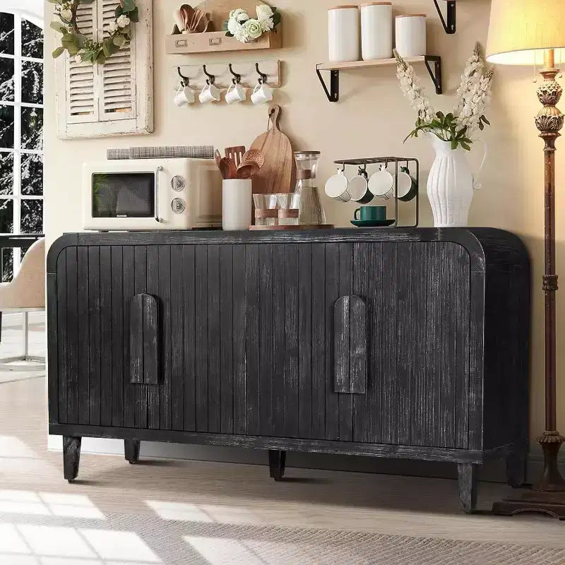 59 Tavola da Buffet Curva Vintage con Maniglie Grandi in Legno, Intaglio Verticale a Grana di Legno e Ripiani Regolabili