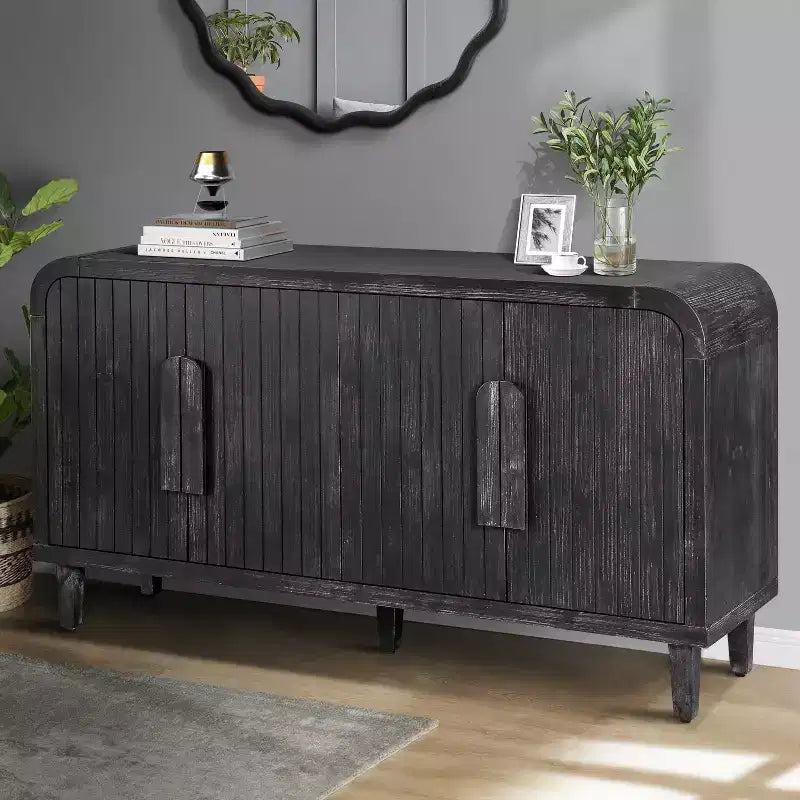 59 Tavola da Buffet Curva Vintage con Maniglie Grandi in Legno, Intaglio Verticale a Grana di Legno e Ripiani Regolabili