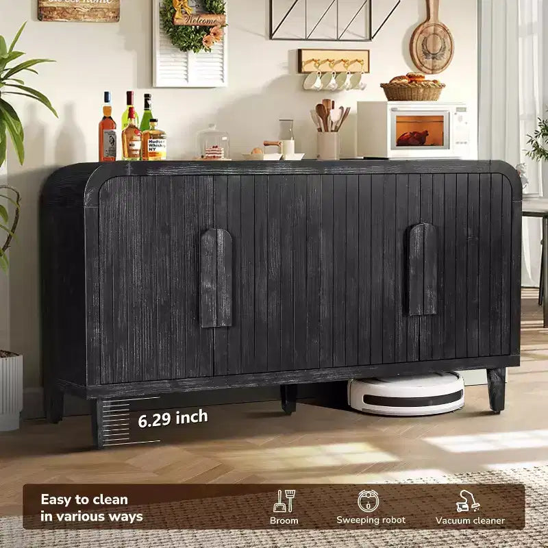 59 Tavola da Buffet Curva Vintage con Maniglie Grandi in Legno, Intaglio Verticale a Grana di Legno e Ripiani Regolabili