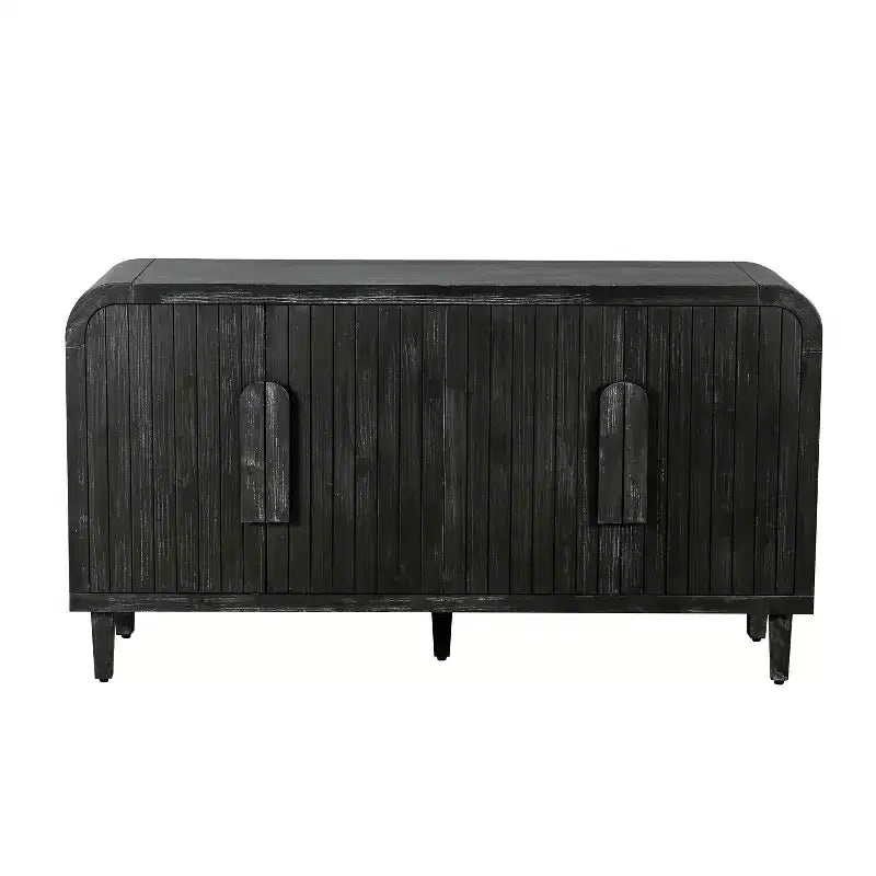 59 Tavola da Buffet Curva Vintage con Maniglie Grandi in Legno, Intaglio Verticale a Grana di Legno e Ripiani Regolabili