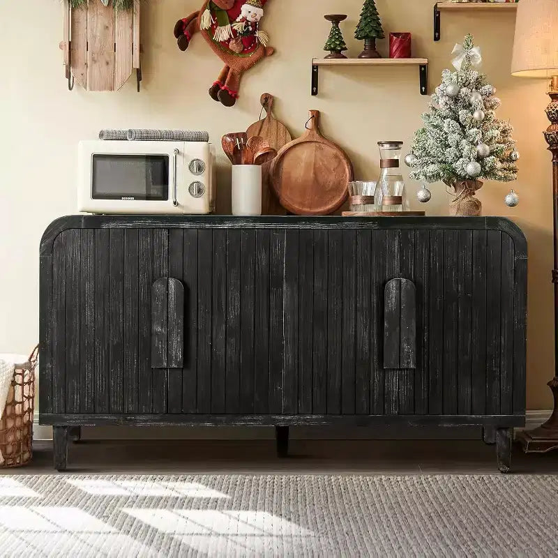 59 Farmhouse Curved Vintage Storage Sideboard with Large Wooden Handles, Vertical Wood Grain Carving and Adjustable Shelves