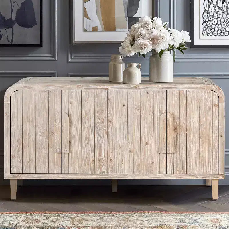 59 Tavola da Buffet Curva Vintage con Maniglie Grandi in Legno, Intaglio Verticale a Grana di Legno e Ripiani Regolabili