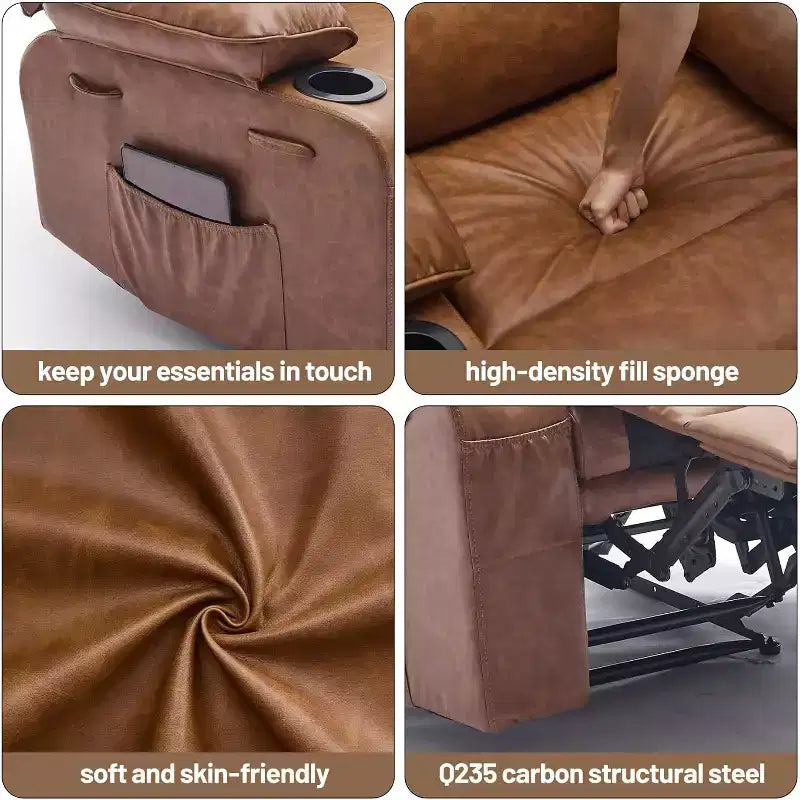 Poltrona reclinabile manuale extra-large in vera pelle PU, adatta per massaggi e impacchi caldi, con 2 portabicchieri e tasche, adatta per adulti