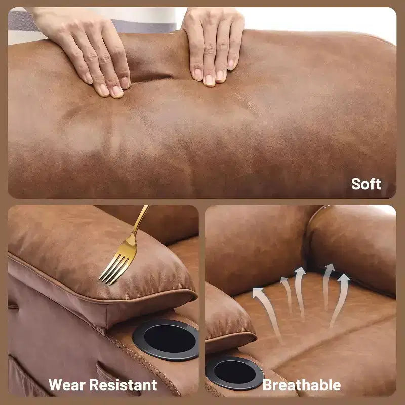 Poltrona reclinabile manuale extra-large in vera pelle PU, adatta per massaggi e impacchi caldi, con 2 portabicchieri e tasche, adatta per adulti