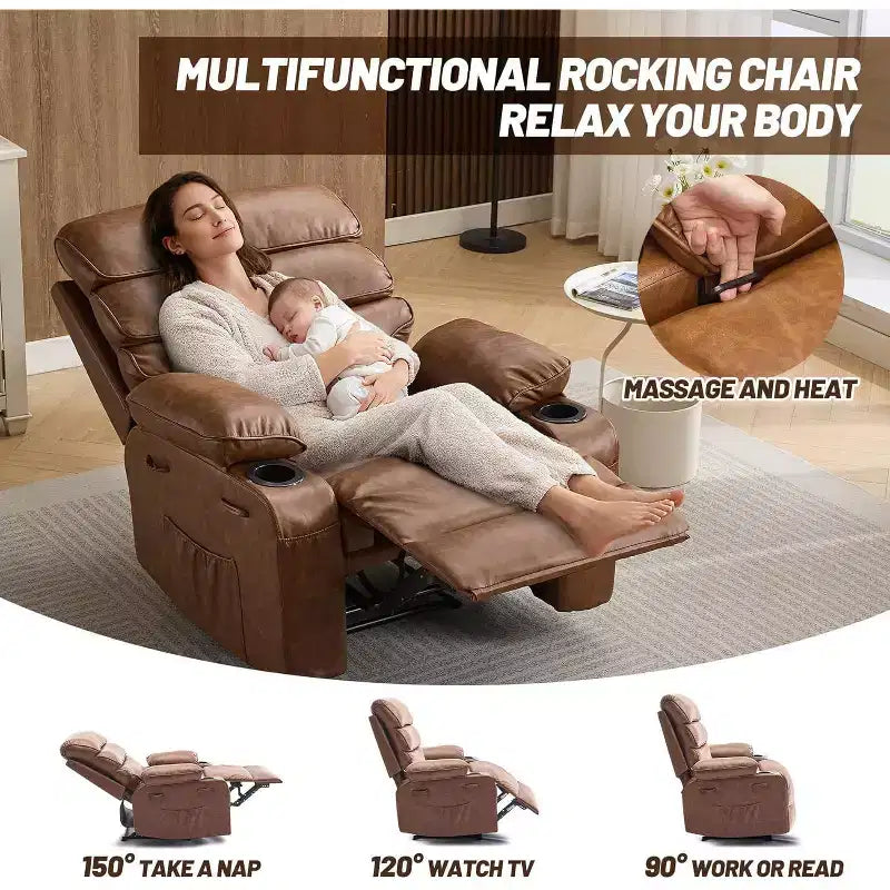 Poltrona reclinabile manuale extra-large in vera pelle PU, adatta per massaggi e impacchi caldi, con 2 portabicchieri e tasche, adatta per adulti