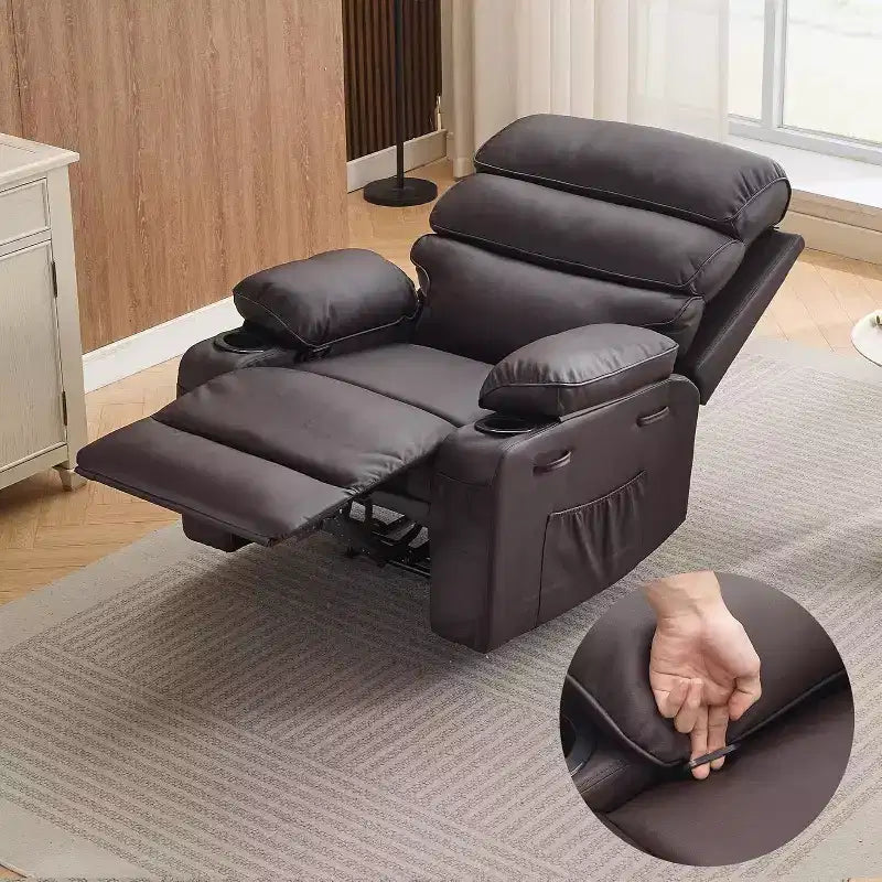 Poltrona reclinabile manuale extra-large in vera pelle PU, adatta per massaggi e impacchi caldi, con 2 portabicchieri e tasche, adatta per adulti