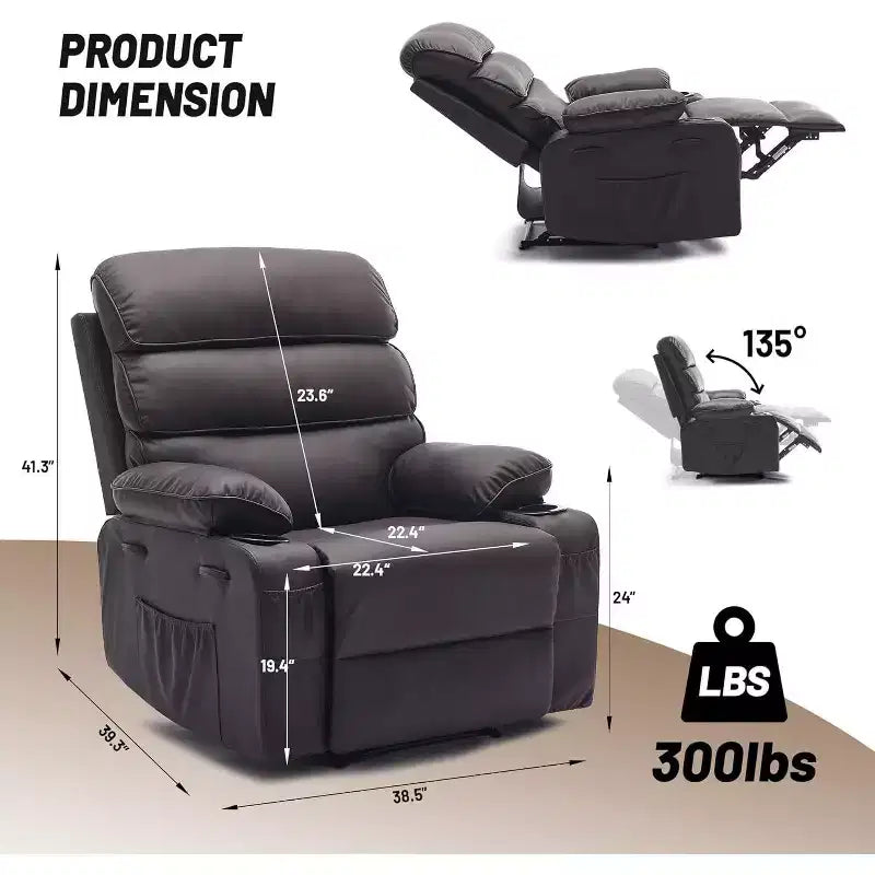 Poltrona reclinabile manuale extra-large in vera pelle PU, adatta per massaggi e impacchi caldi, con 2 portabicchieri e tasche, adatta per adulti