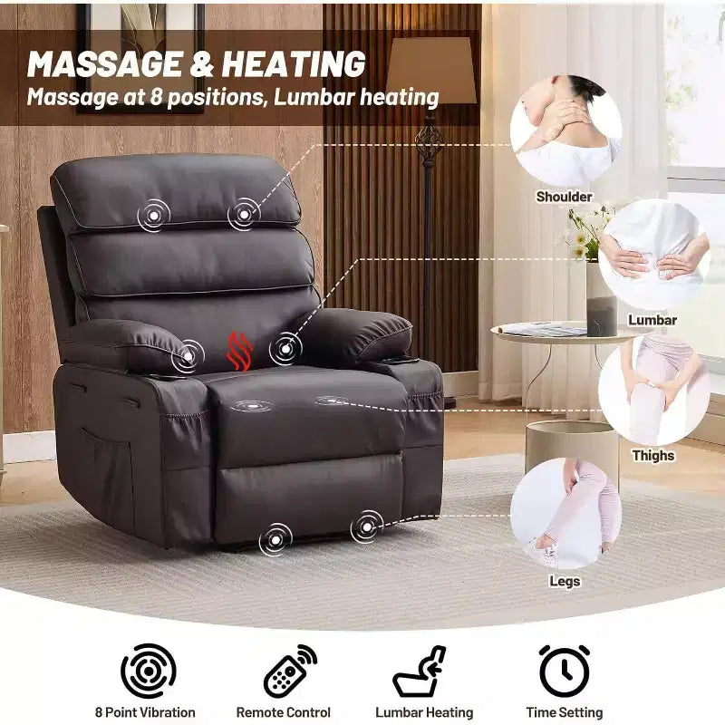 Poltrona reclinabile manuale extra-large in vera pelle PU, adatta per massaggi e impacchi caldi, con 2 portabicchieri e tasche, adatta per adulti