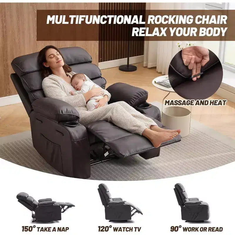 Poltrona reclinabile manuale extra-large in vera pelle PU, adatta per massaggi e impacchi caldi, con 2 portabicchieri e tasche, adatta per adulti