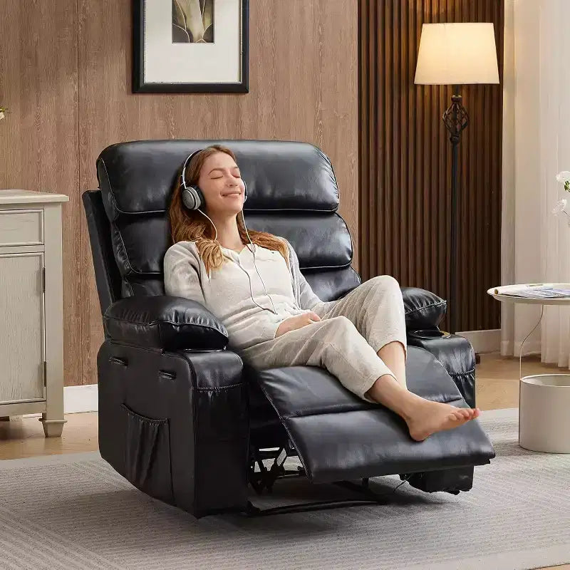 Poltrona reclinabile manuale extra-large in vera pelle PU, adatta per massaggi e impacchi caldi, con 2 portabicchieri e tasche, adatta per adulti