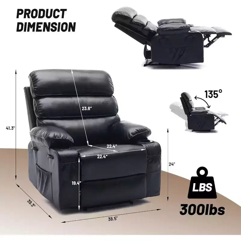Poltrona reclinabile manuale extra-large in vera pelle PU, adatta per massaggi e impacchi caldi, con 2 portabicchieri e tasche, adatta per adulti