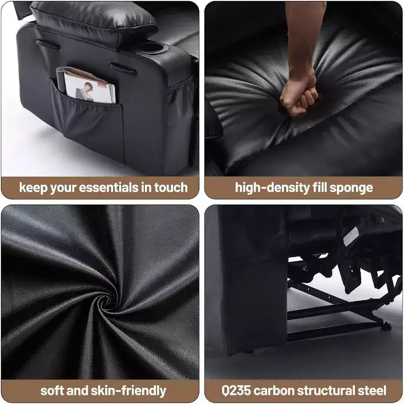 Poltrona reclinabile manuale extra-large in vera pelle PU, adatta per massaggi e impacchi caldi, con 2 portabicchieri e tasche, adatta per adulti