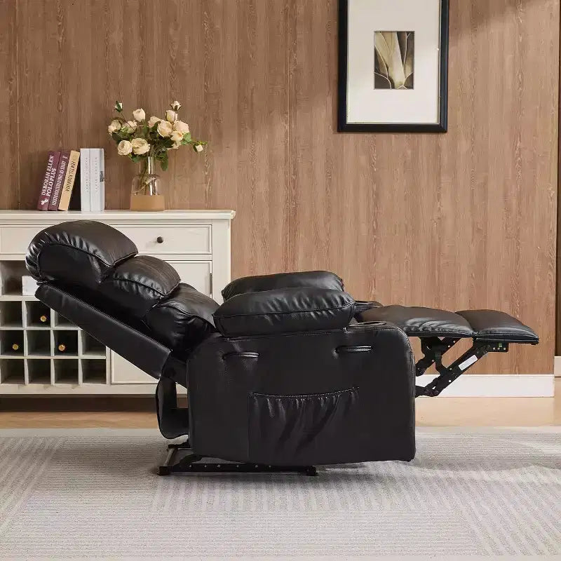 Poltrona reclinabile manuale extra-large in vera pelle PU, adatta per massaggi e impacchi caldi, con 2 portabicchieri e tasche, adatta per adulti