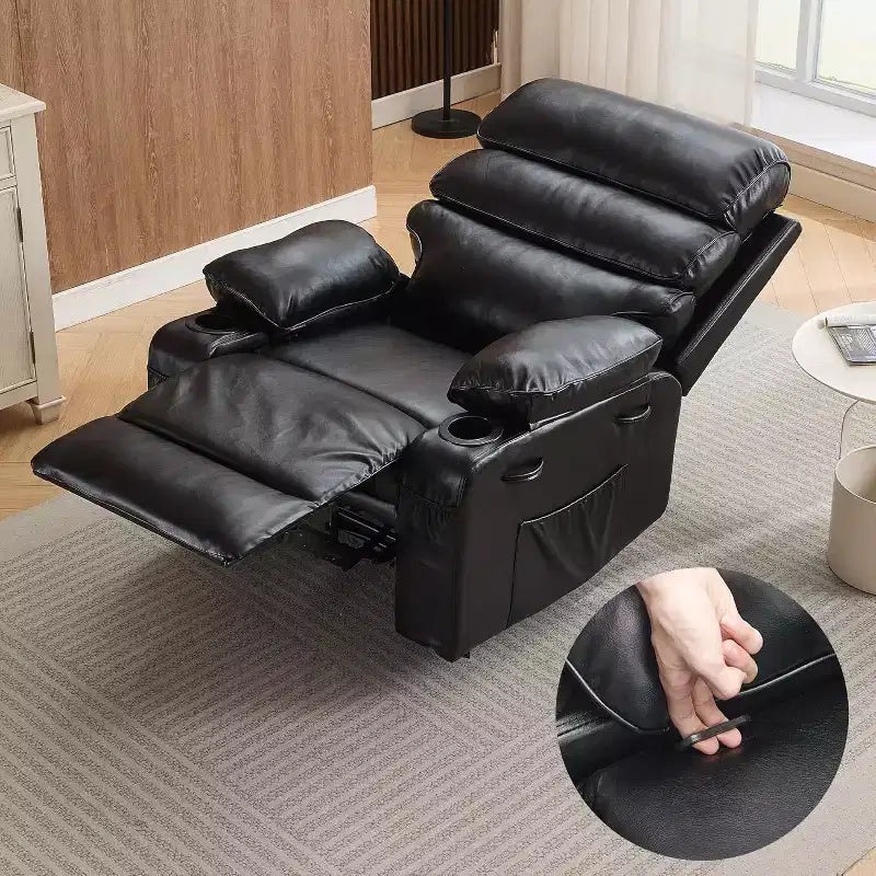 Poltrona reclinabile manuale extra-large in vera pelle PU, adatta per massaggi e impacchi caldi, con 2 portabicchieri e tasche, adatta per adulti
