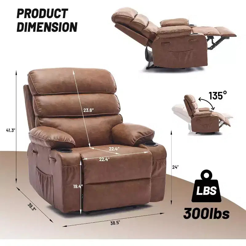 Poltrona reclinabile manuale extra-large in vera pelle PU, adatta per massaggi e impacchi caldi, con 2 portabicchieri e tasche, adatta per adulti