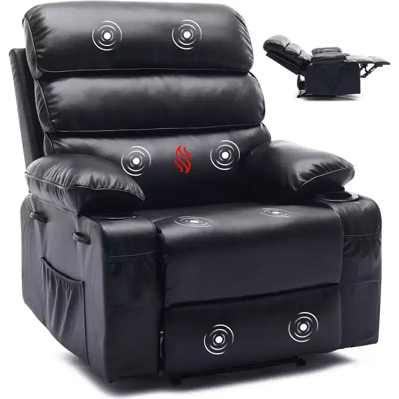 PU Genuine Leather Extra-wide Manual Lounge Chair, Suitable for Massage and Hot Compress, with 2 Cup Holders and Pockets, Suitable for Adults