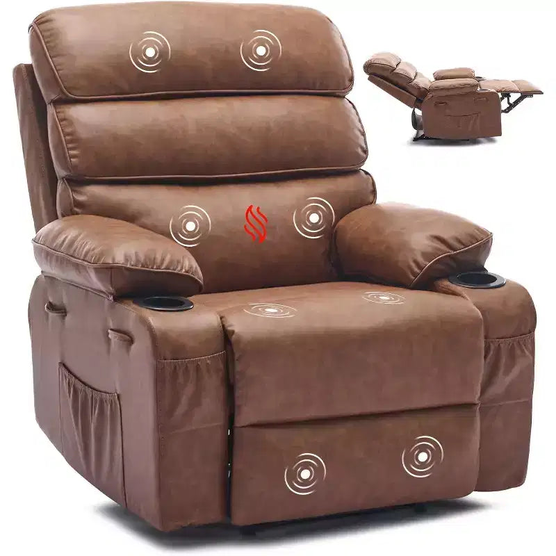 Poltrona reclinabile manuale extra-large in vera pelle PU, adatta per massaggi e impacchi caldi, con 2 portabicchieri e tasche, adatta per adulti