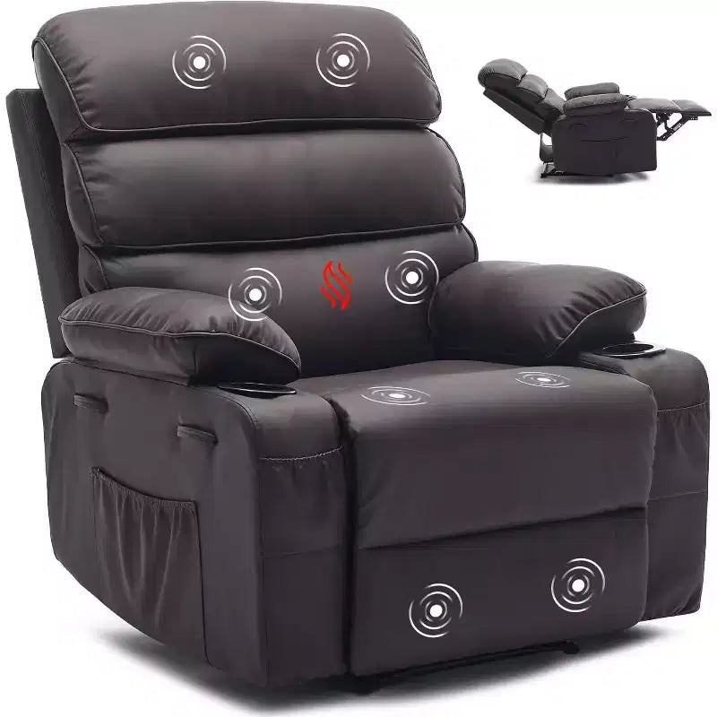Poltrona reclinabile manuale extra-large in vera pelle PU, adatta per massaggi e impacchi caldi, con 2 portabicchieri e tasche, adatta per adulti
