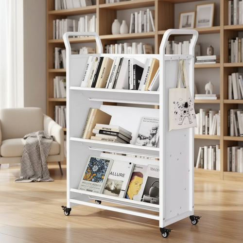 3-Tier Metal Rolling Storage Cart with Lockable Wheels and Side Hooks, White Finish, Versatile Shelving Unit for Home, Library, School, and Office