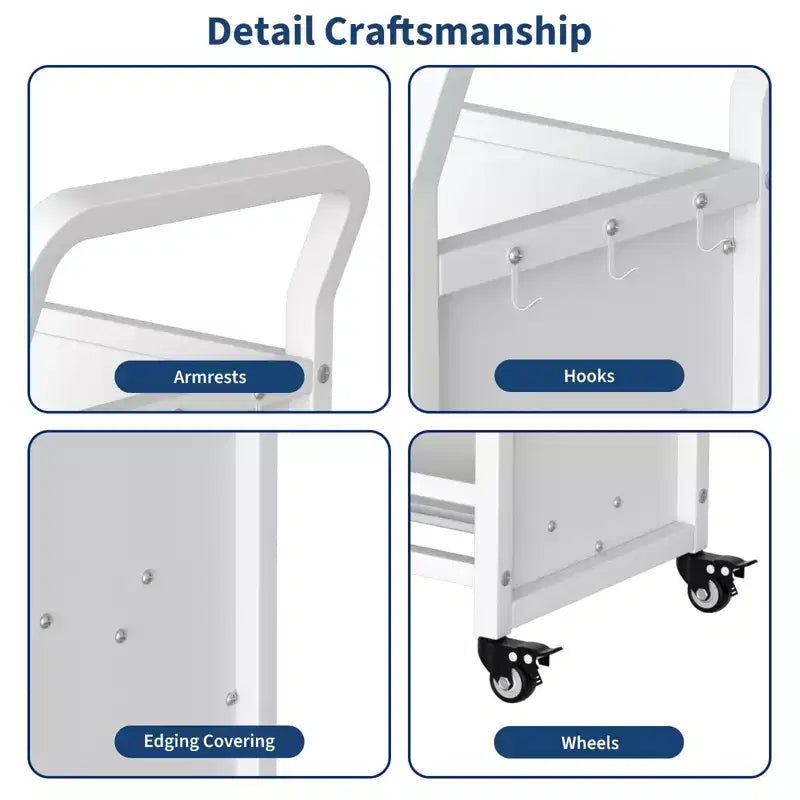 Carrello di stoccaggio in metallo a 3 ripiani con ruote bloccabili e ganci laterali, finitura bianca, scaffale versatile per casa, biblioteca, scuola e ufficio
