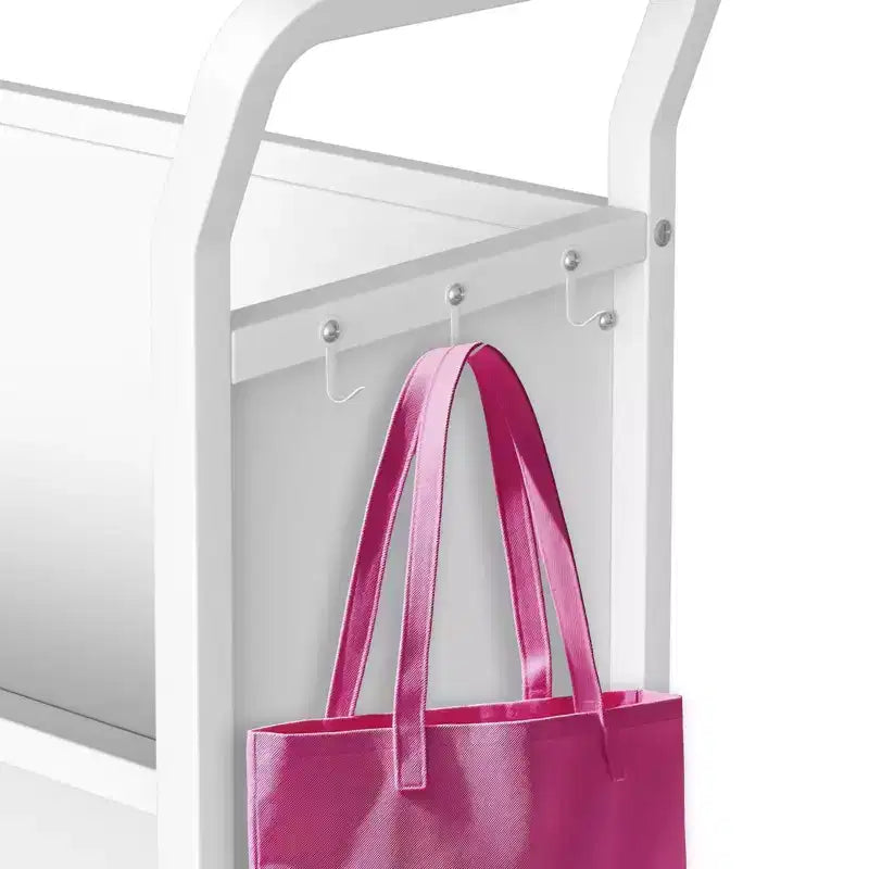 Carrello di stoccaggio in metallo a 3 ripiani con ruote bloccabili e ganci laterali, finitura bianca, scaffale versatile per casa, biblioteca, scuola e ufficio