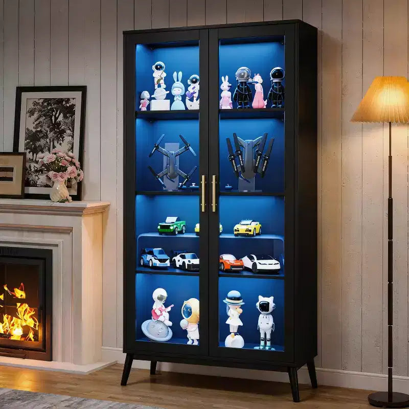 Glass Display Cabinet with LED Lights, Display Case Bookcase with 4-Tier Shelves, Curio Cabinet with 2 Glass Doors, Storage Cabinet