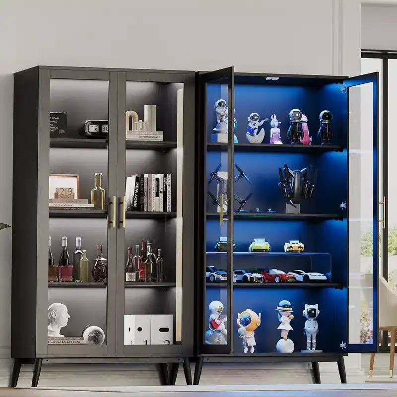 Vetrina espositiva in vetro con luci a LED, libreria vetrina con 4 ripiani, vetrinetta con 2 ante in vetro, armadietto contenitore