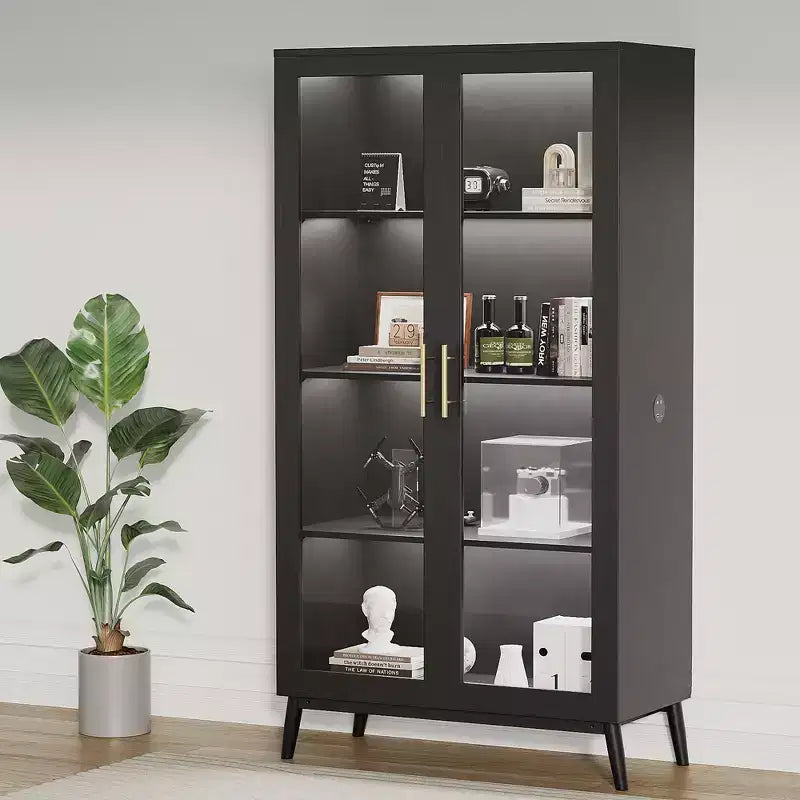 Vetrina espositiva in vetro con luci a LED, libreria vetrina con 4 ripiani, vetrinetta con 2 ante in vetro, armadietto contenitore