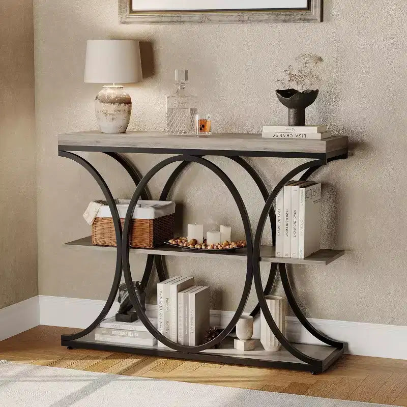 Acekool Grain Console Table, Tavolino da divano sottile a 3 ripiani con gambe geometriche per ingresso o dietro al divano