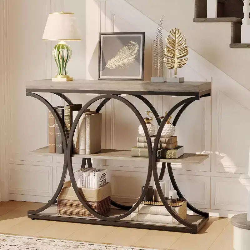 Acekool Grain Console Table, Tavolino da divano sottile a 3 ripiani con gambe geometriche per ingresso o dietro al divano