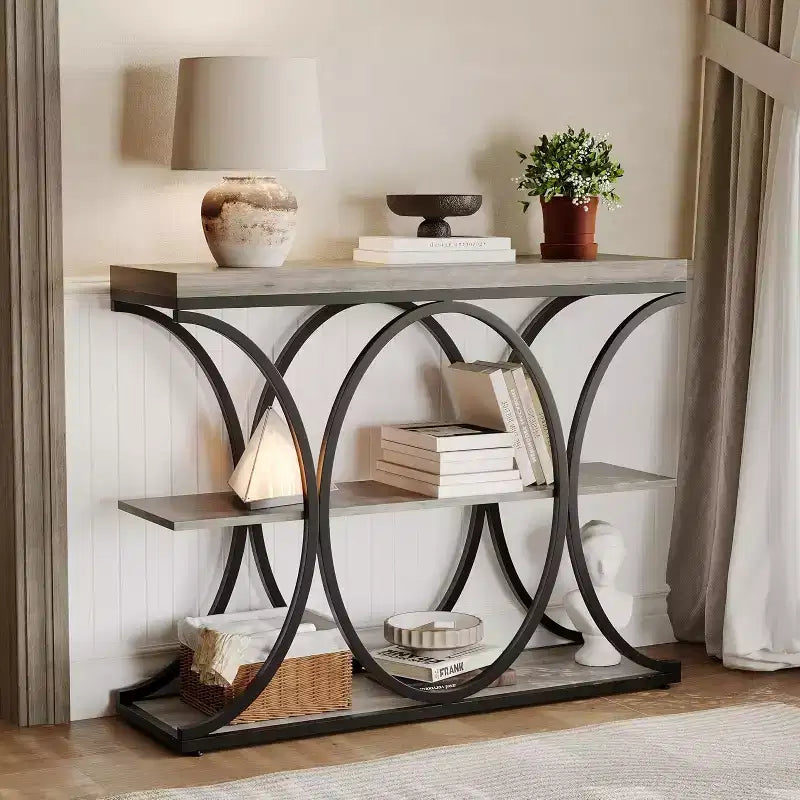 Acekool Grain Console Table, Tavolino da divano sottile a 3 ripiani con gambe geometriche per ingresso o dietro al divano