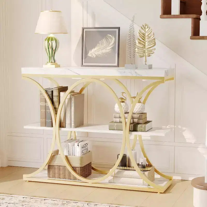 Acekool Grain Console Table, Tavolino da divano sottile a 3 ripiani con gambe geometriche per ingresso o dietro al divano