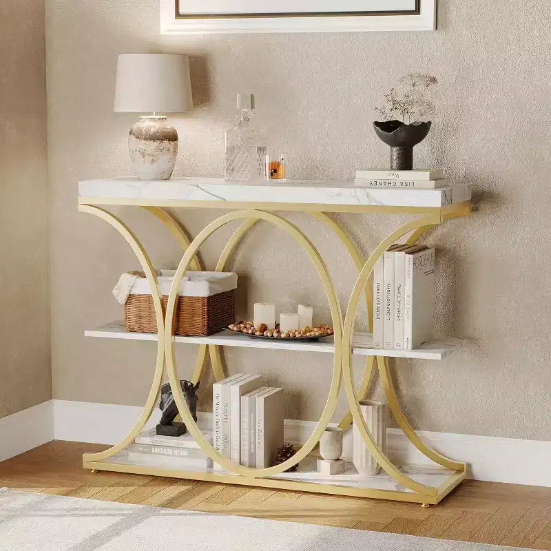 Acekool Grain Console Table, Tavolino da divano sottile a 3 ripiani con gambe geometriche per ingresso o dietro al divano