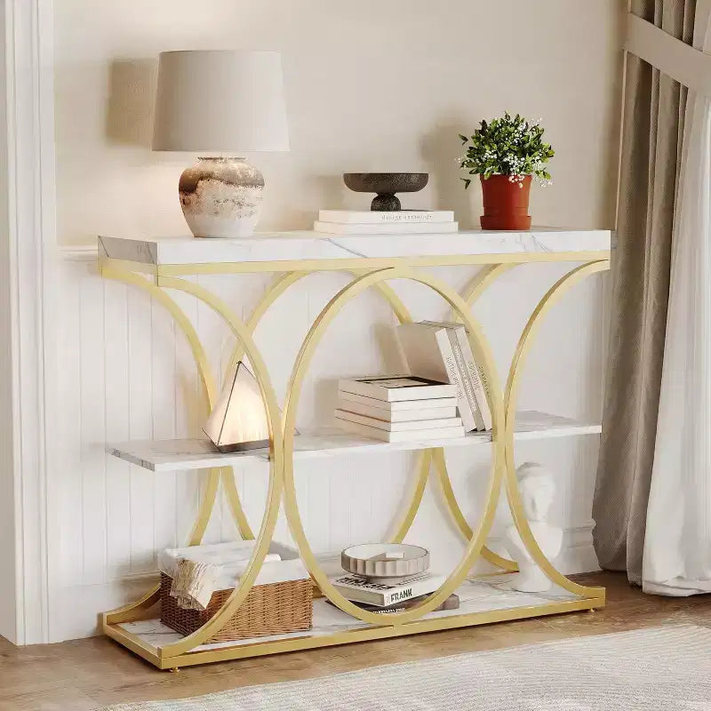 Acekool Grain Console Table, Tavolino da divano sottile a 3 ripiani con gambe geometriche per ingresso o dietro al divano