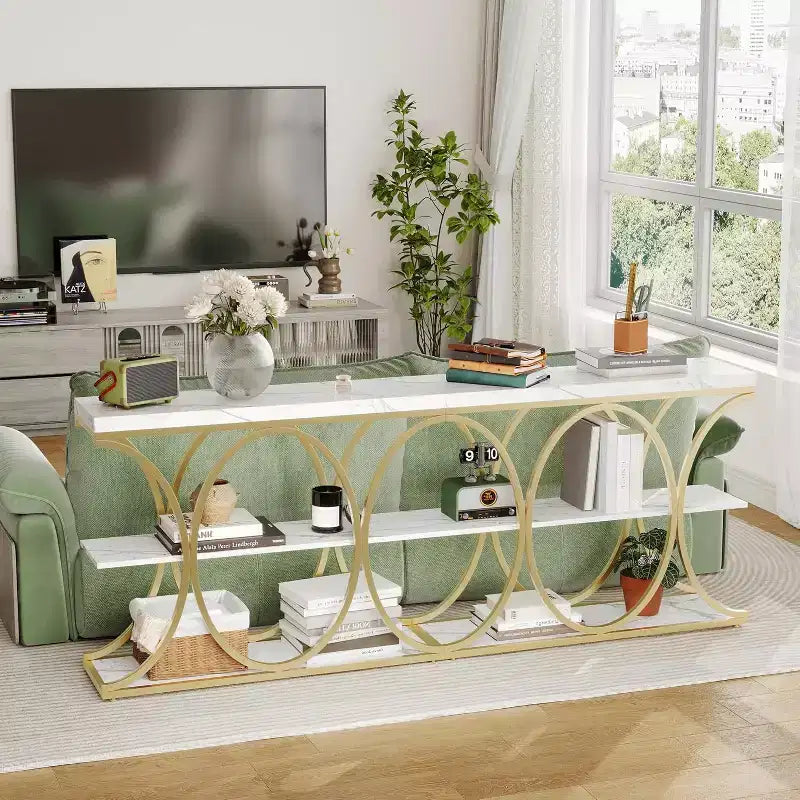 Acekool Grain Console Table, Tavolino da divano sottile a 3 ripiani con gambe geometriche per ingresso o dietro al divano
