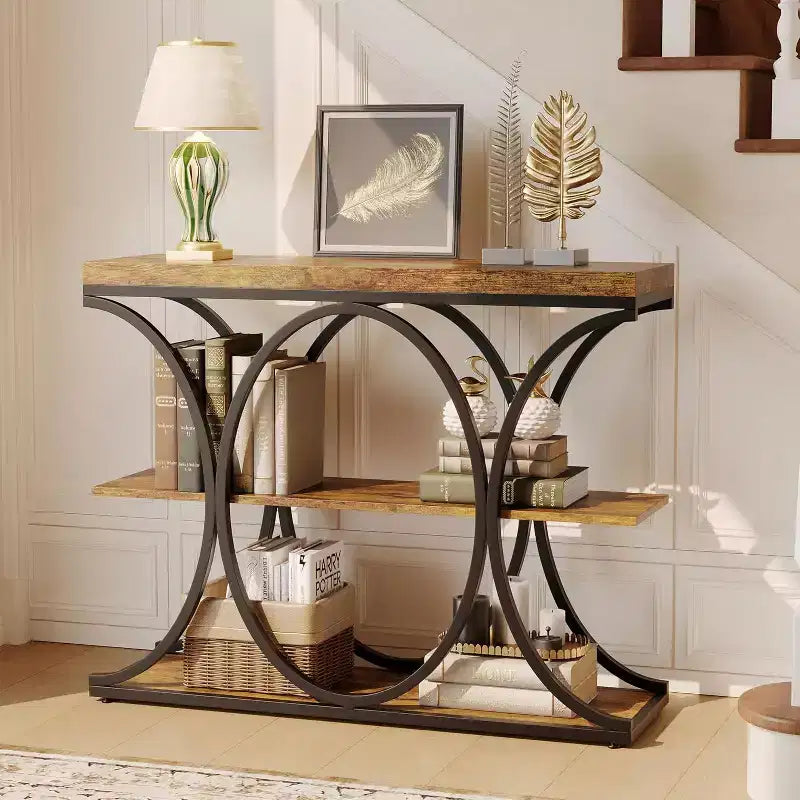 Acekool Grain Console Table, Tavolino da divano sottile a 3 ripiani con gambe geometriche per ingresso o dietro al divano