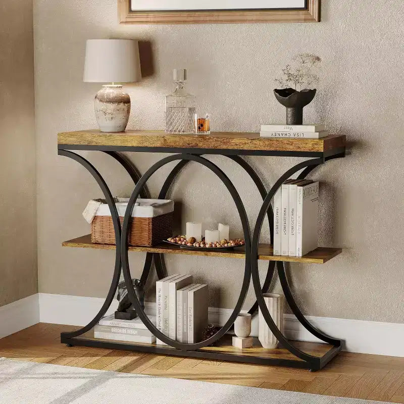 Acekool Grain Console Table, Tavolino da divano sottile a 3 ripiani con gambe geometriche per ingresso o dietro al divano