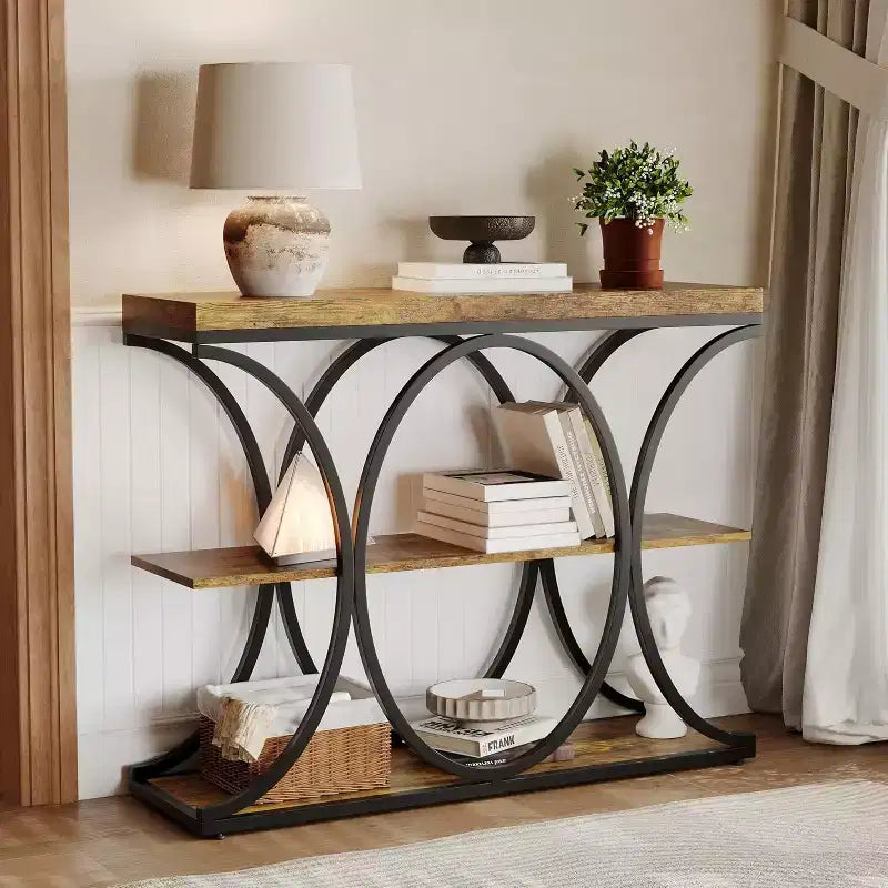 Acekool Grain Console Table, Tavolino da divano sottile a 3 ripiani con gambe geometriche per ingresso o dietro al divano