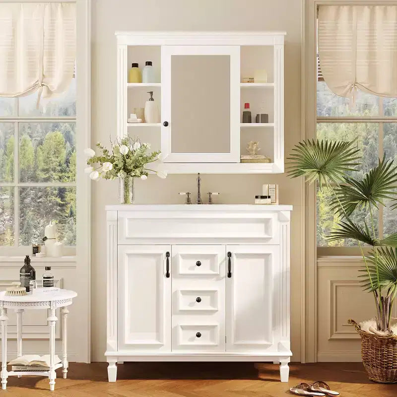 JVNOXK 36-inch Bathroom Vanity with Countertop Sink, Mirror Cabinet with 2 Soft-Close Doors and 2 Drawers, White
