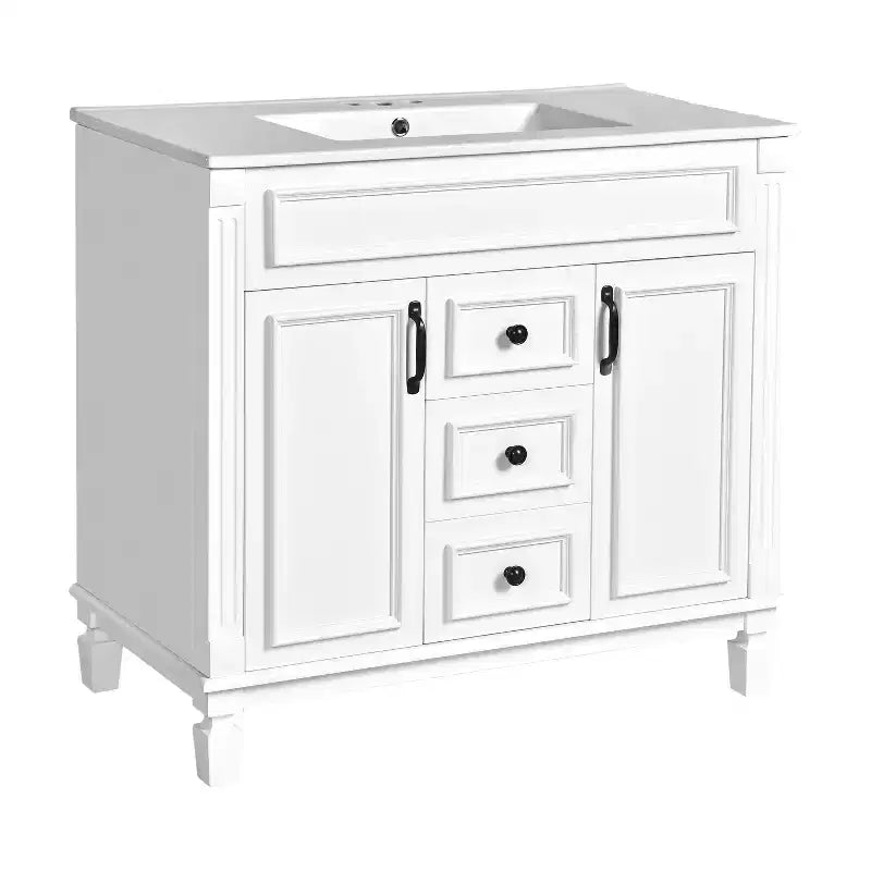 JVNOXK Mobile Bagno da 90 cm con Lavabo Integrato, Specchiera con 2 Ante con Chiusura Ammortizzata e 2 Cassetti, Bianco