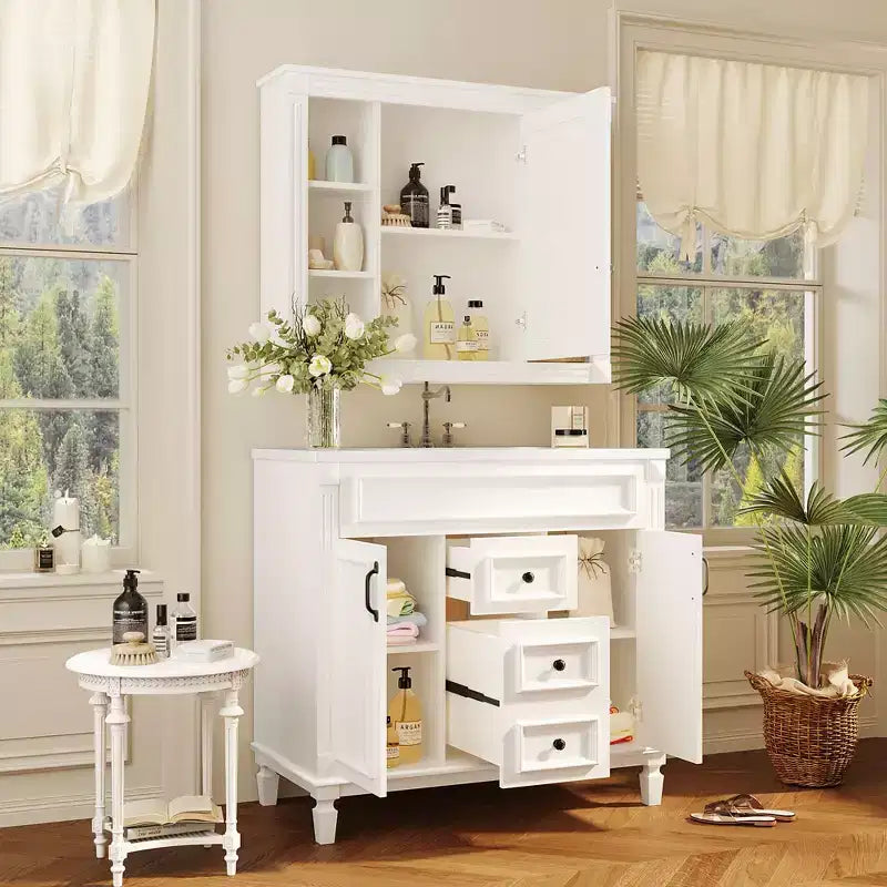 JVNOXK Mobile Bagno da 90 cm con Lavabo Integrato, Specchiera con 2 Ante con Chiusura Ammortizzata e 2 Cassetti, Bianco
