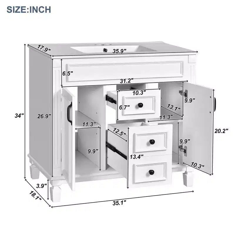 JVNOXK Mobile Bagno da 90 cm con Lavabo Integrato, Specchiera con 2 Ante con Chiusura Ammortizzata e 2 Cassetti, Bianco